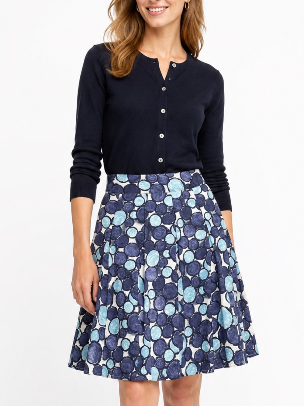 Boden Blue White Geometric Circle Linen Midi Skirt Size 6 US / 10 UK WG243